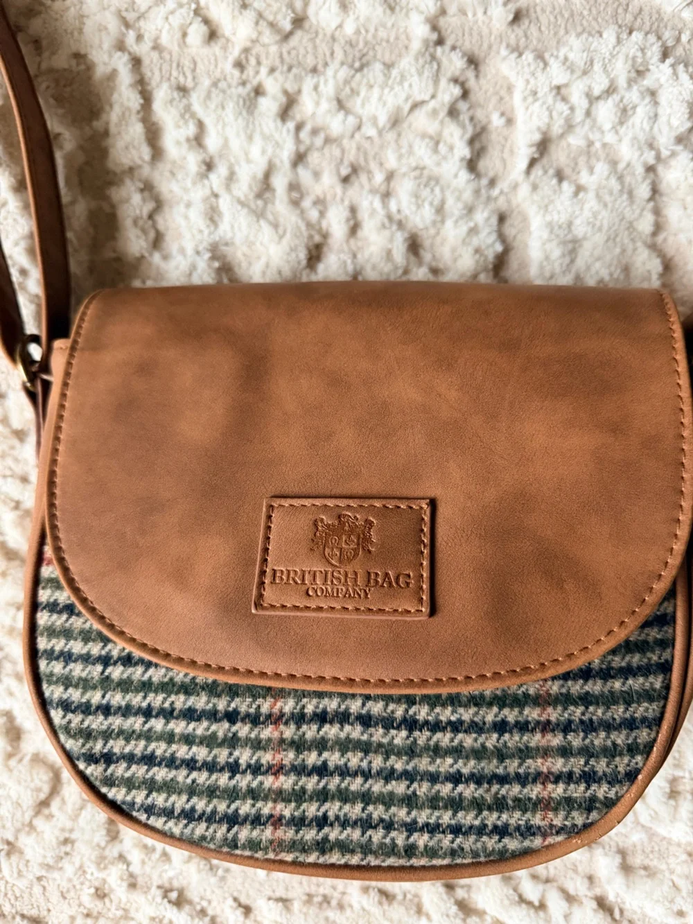 British Bag Company Brown Leather-Effect Crossbody Bag with Houndstooth Accent